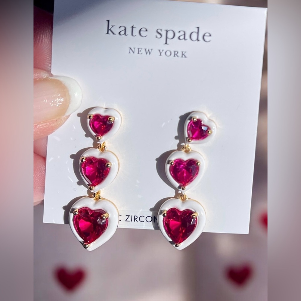 Kate Spade Sweetheart Earrings RP$98 NWT TripleDangleCubicZirconiaPink & Bag